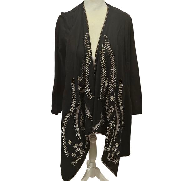 XCVI Cardigan Open Front Boho Embroidered Waterfall Pockets womens small black - Picture 1 of 8